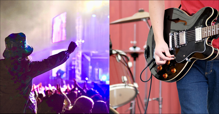 crowd watching performance at Hardwick Festival and close up shot of man playing guitar 